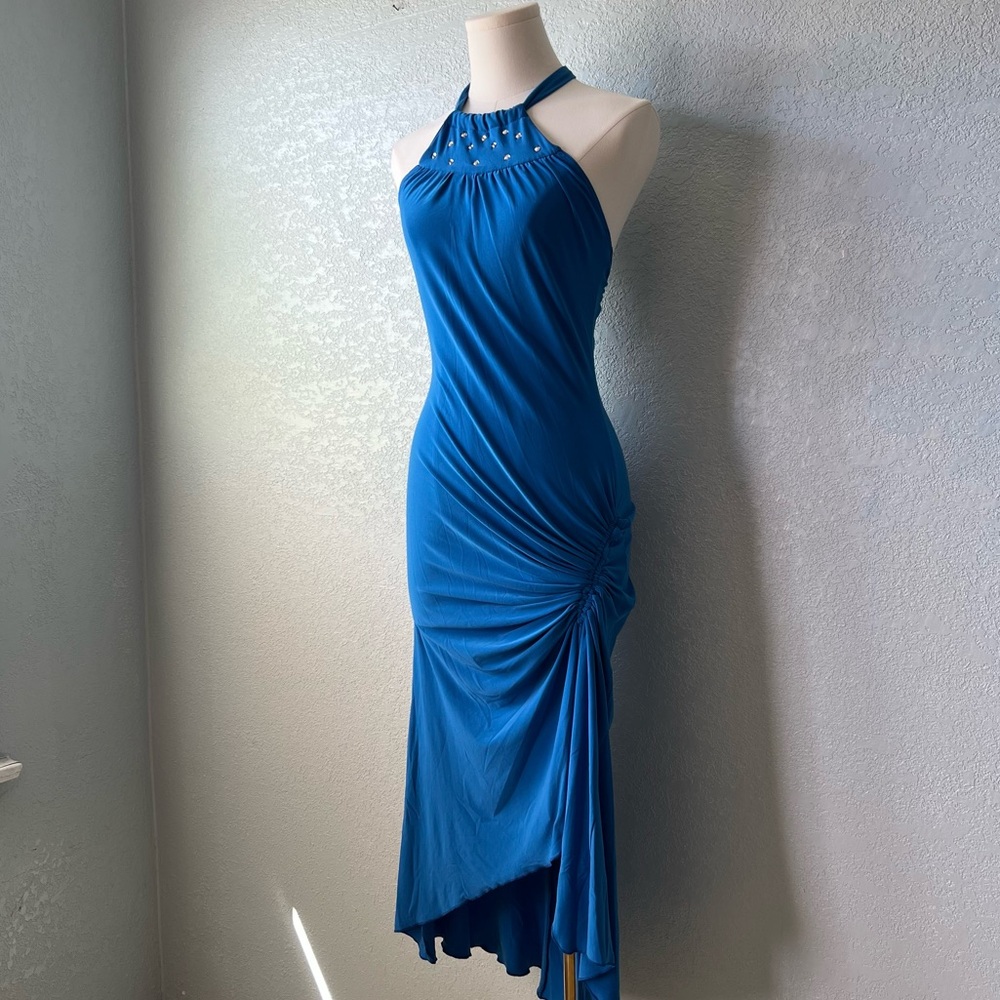 Vintage Y2K Blue Halter Bodycon Dress Made In USA Stretch Retro 90s M - Picture 2 of 8